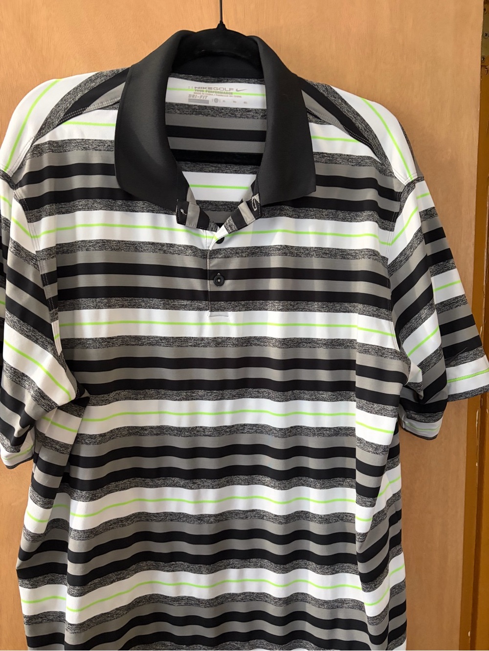 Nike Men’s Black & White Striped Polo with Lime Accents